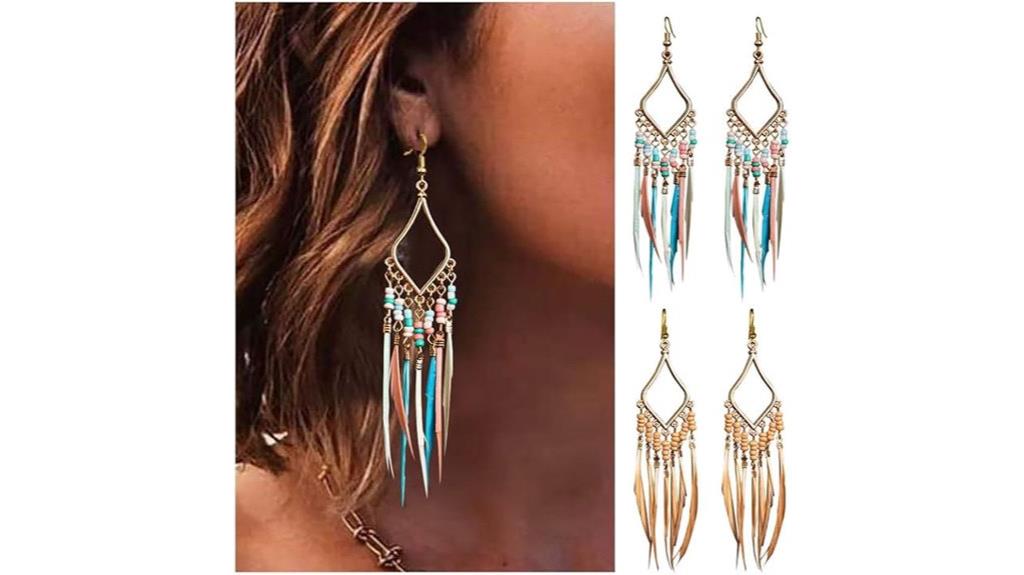 beaded feather tassel earrings