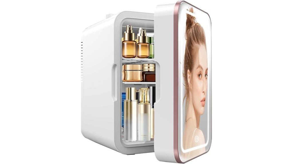 compact skincare fridge with mirror