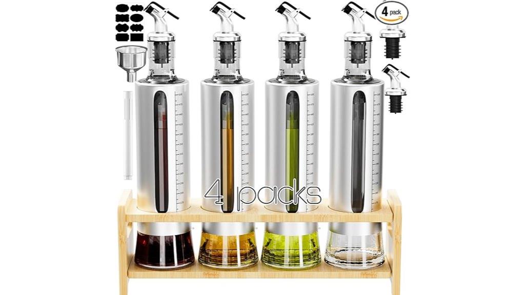 four glass oil bottles